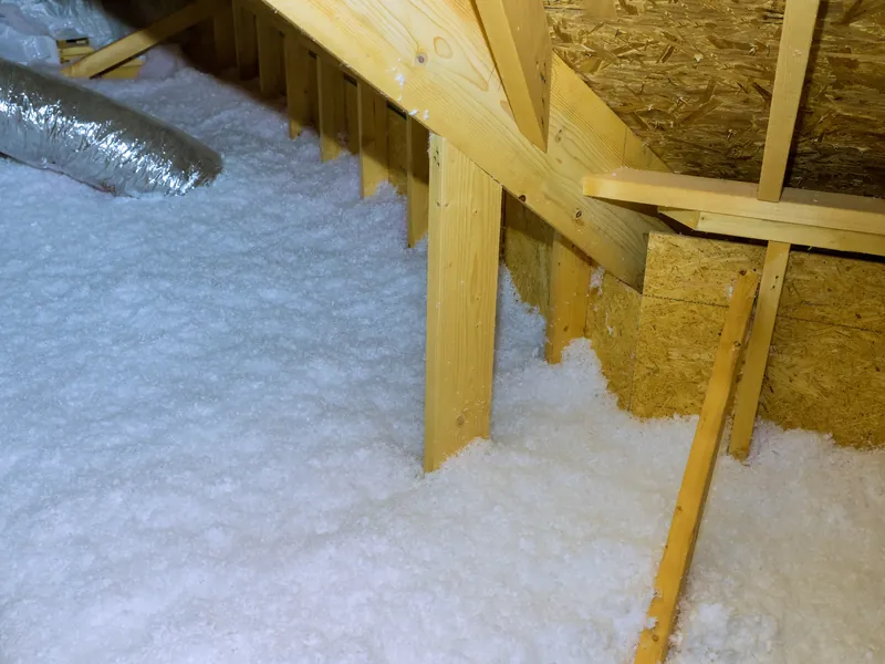 Blown-in fiberglass insulation built up above the ceiling joists in a truss attic.