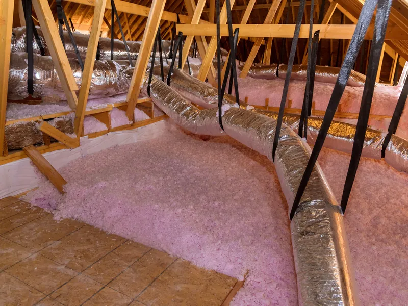 Flexible HVAC ducts running above blown-in fiberglass insulation in a truss attic.