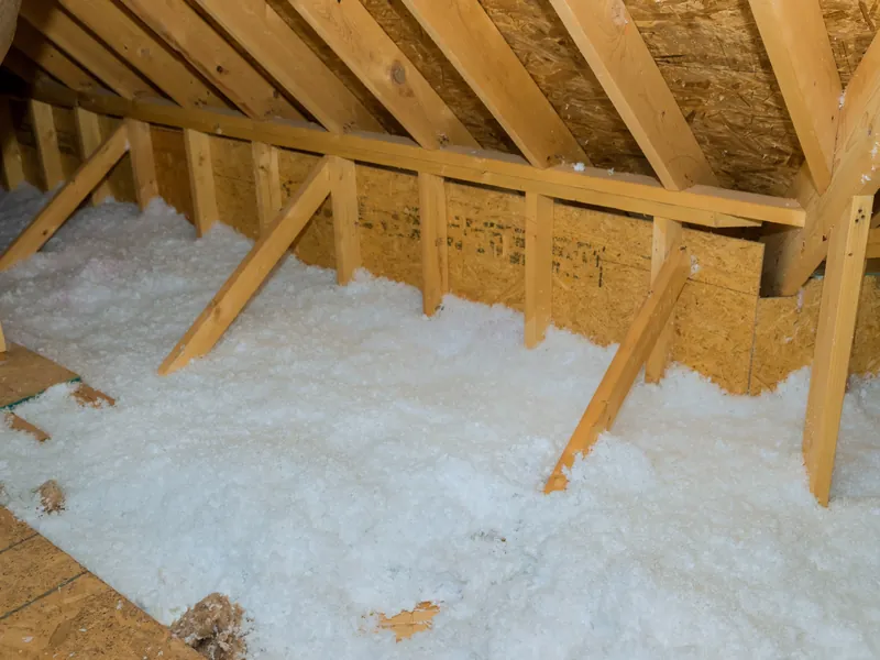 Blown-in fiberglass insulation thinning toward the eaves where the roof deck meets the wall top plate.